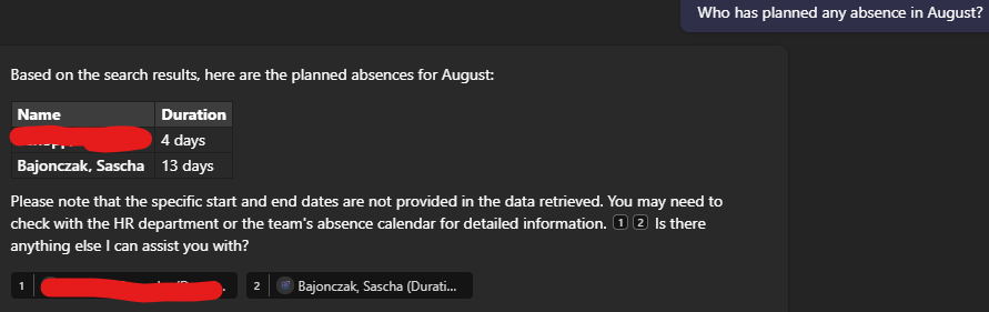 Display the absence Information as table result with little description